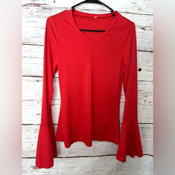 Women’s Ribbed Red V-Neck Bell Sleeve Blouse - Picture 1 of 4